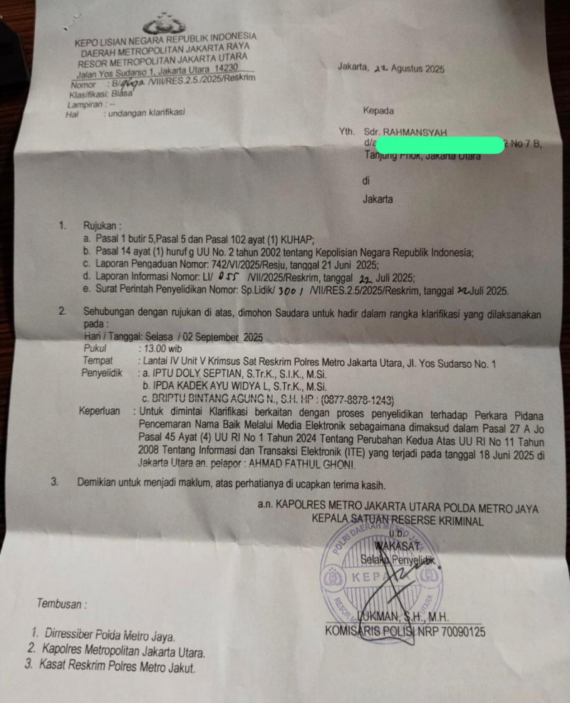 Kasus Dugaan Pencemaran Nama Baik Terus Berlanjut, Polisi Periksa Saksi