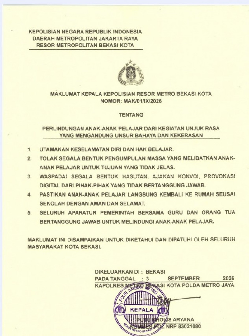 Jaga Keselamatan dan Masa Depan Pelajar, Kapolres Metro Bekasi Kota Terbitkan Maklumat
